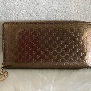 Gucci Metallic Guccissima Zip Around Long Wallet-Bronze Micro GG Embossed Wallet